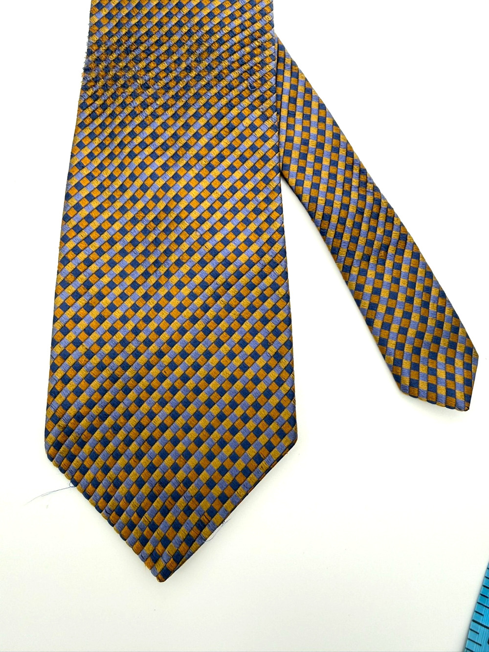 Geoffrey Beene Men's Silk Tie Made in USA Gold Blue Checkered Geometric 58"